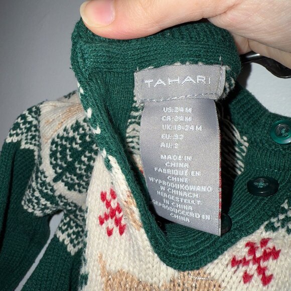 Tahari Baby Girls Green Knit Sweater Dress W/Reindeer & Tree Fair Isle Pattern - Picture 6 of 6